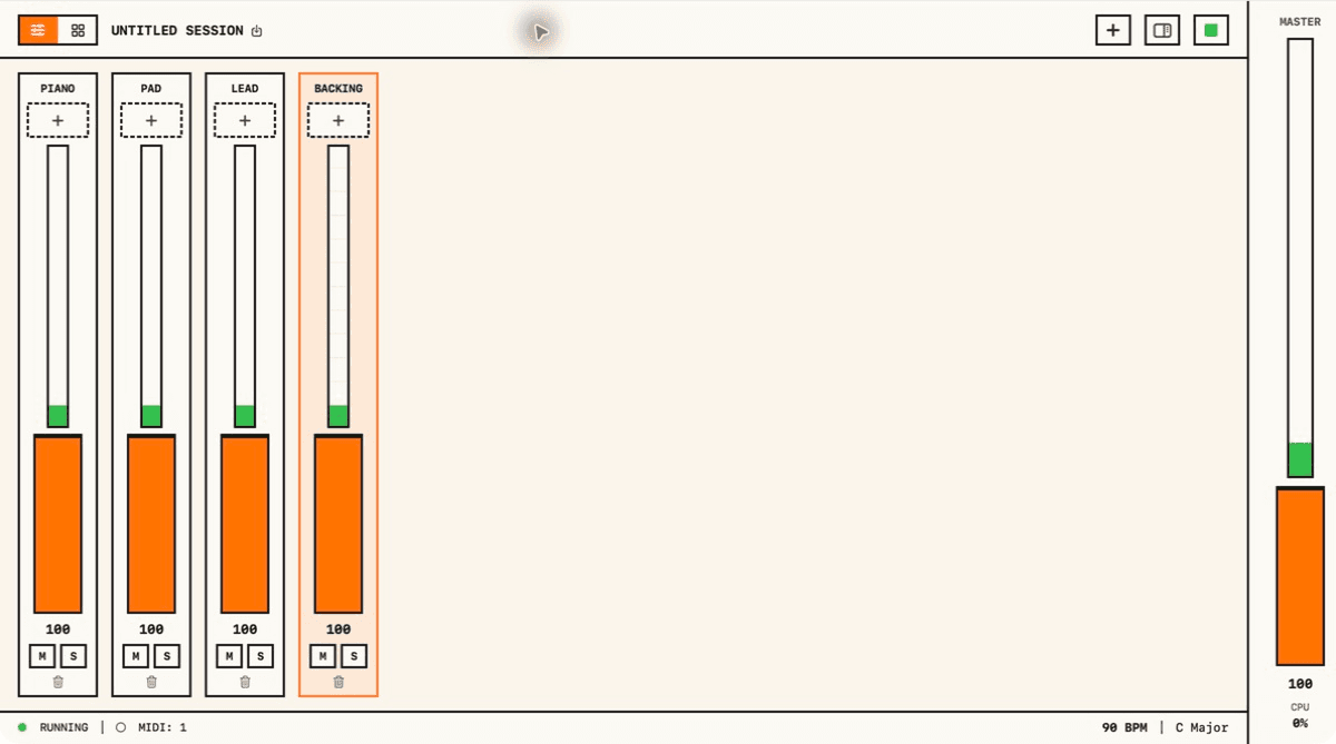 The real Keyframe Mac mixer with Piano, Pad, Lead, and Backing channels